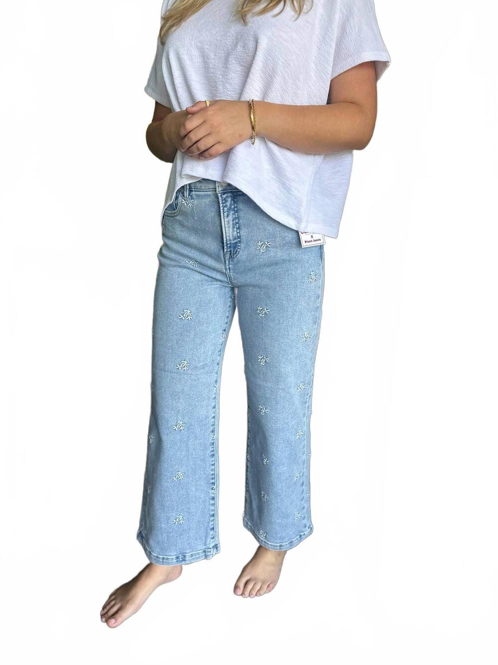 NEW RISEN germantown high rise crop embroidered jeans in light wash
